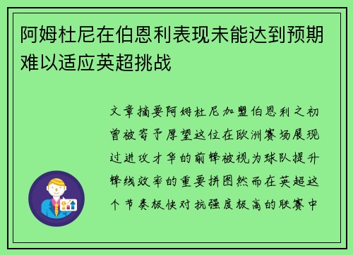 阿姆杜尼在伯恩利表现未能达到预期难以适应英超挑战